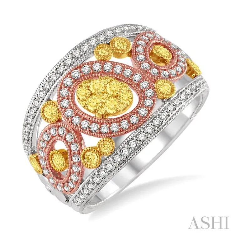 1 Ctw Round Cut Yellow and White Diamond Fashion Ring in 14K Tri Color Gold