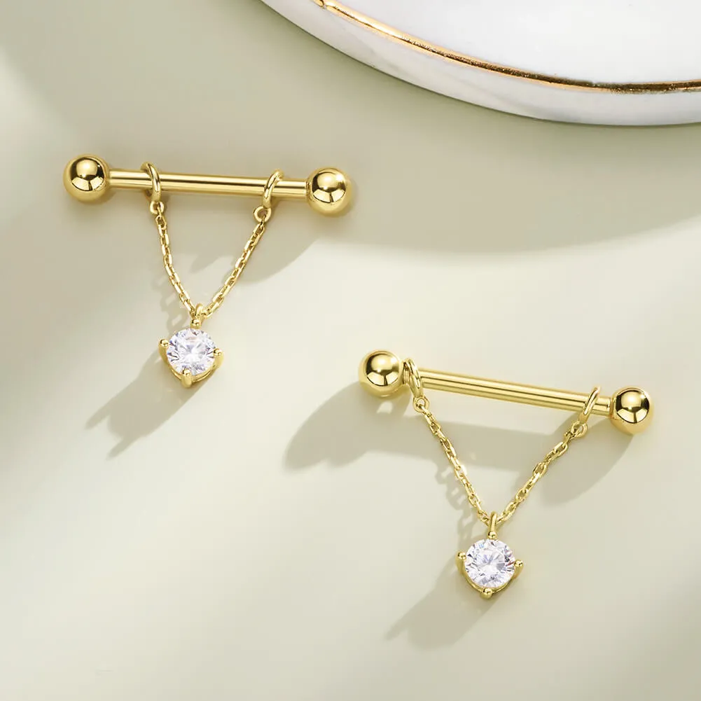 2Pcs 14K Solid Gold Round CZ Removable Chain Style Dangle Nipple Ring