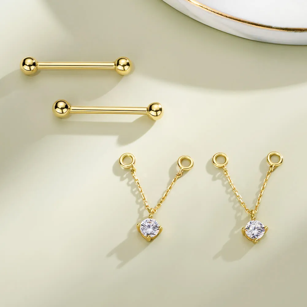 2Pcs 14K Solid Gold Round CZ Removable Chain Style Dangle Nipple Ring