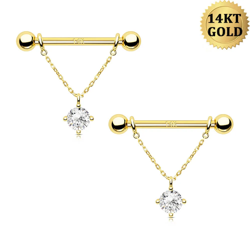 2Pcs 14K Solid Gold Round CZ Removable Chain Style Dangle Nipple Ring