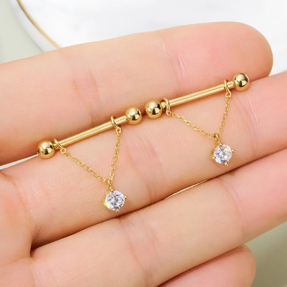 2Pcs 14K Solid Gold Round CZ Removable Chain Style Dangle Nipple Ring