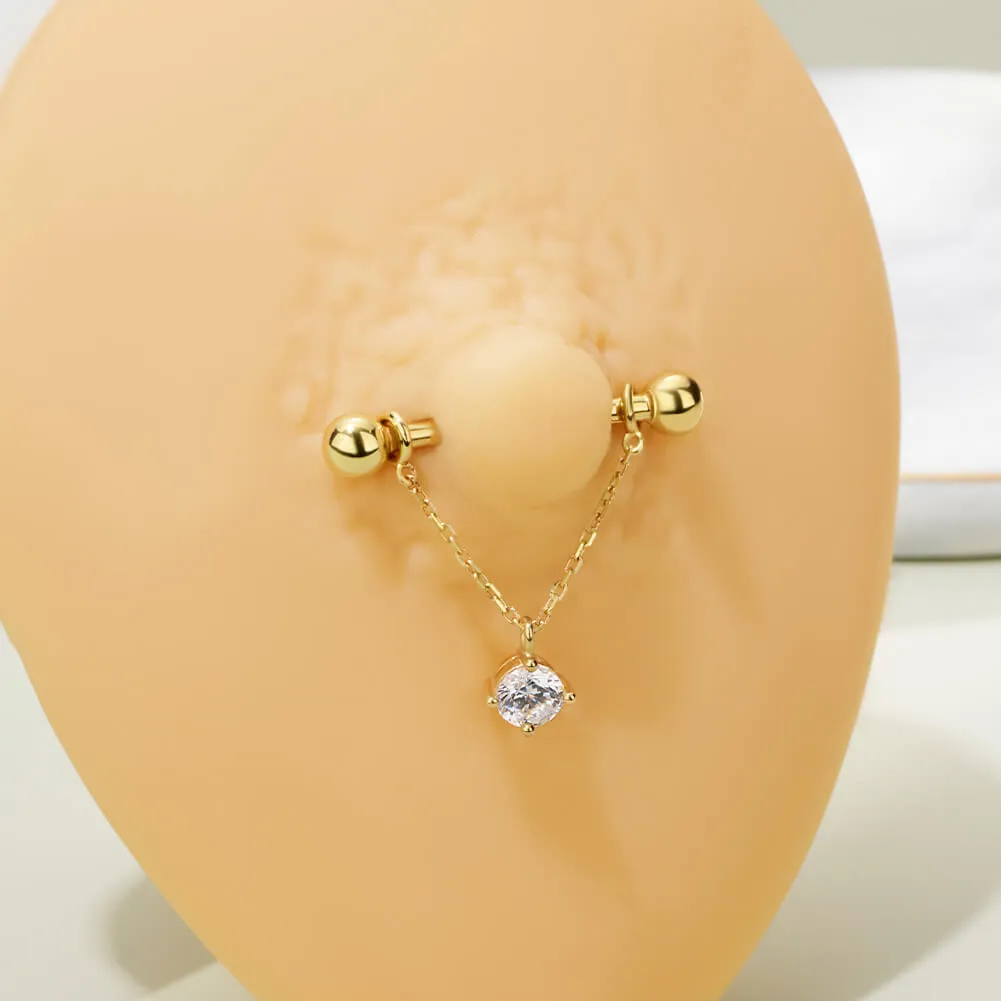 2Pcs 14K Solid Gold Round CZ Removable Chain Style Dangle Nipple Ring