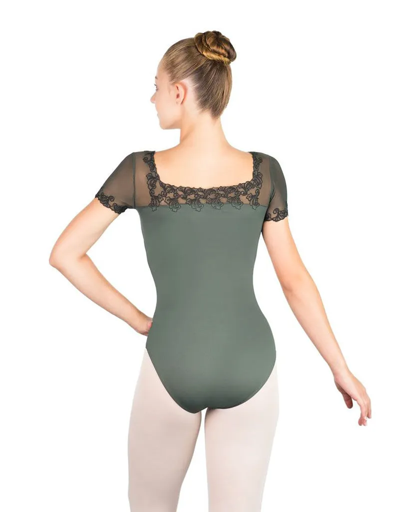 Ballet Rosa Aurora Cap Sleeve Embroidered Mesh Leotard - Womens