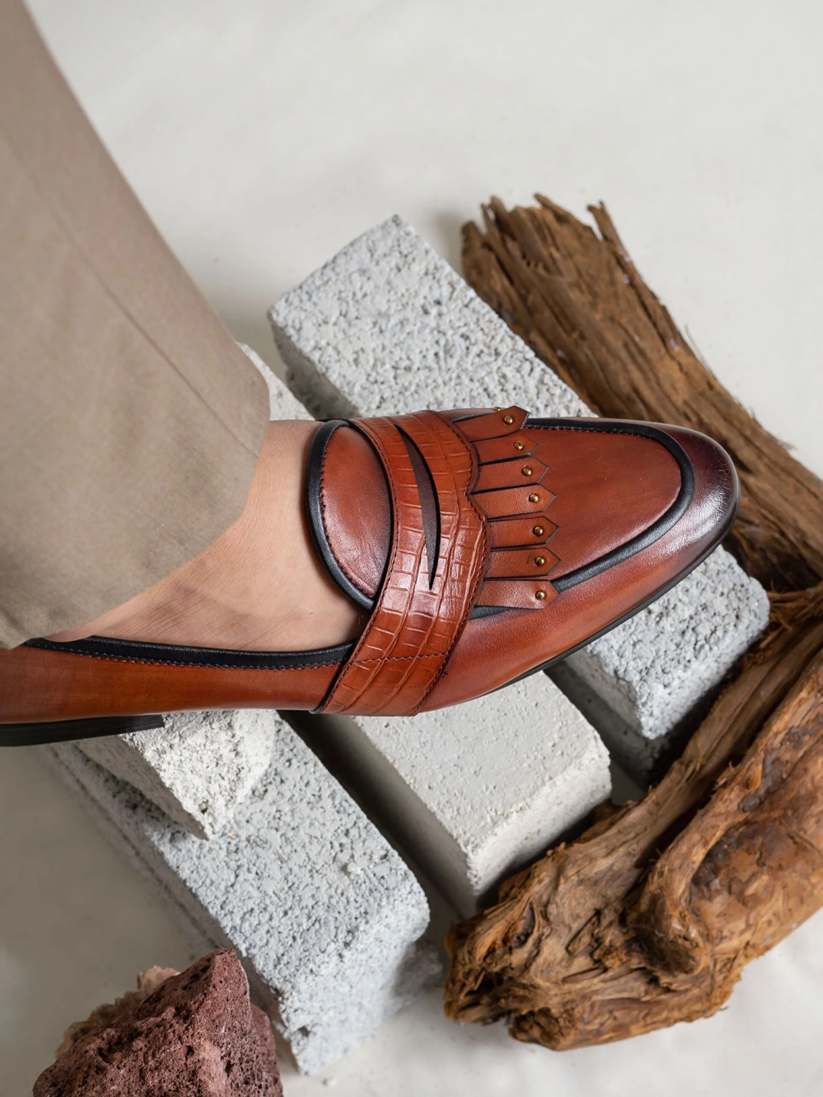 Belgian Loafer - Cognac Tan Phyton Penny Strap with Studded Fringe (Hand Painted Patina)