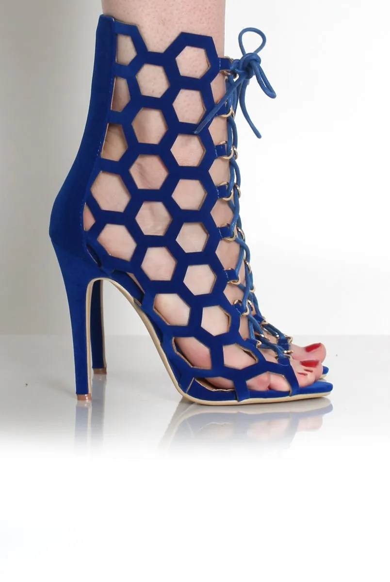 Bella Blue Suede Caged Lace Up Heels