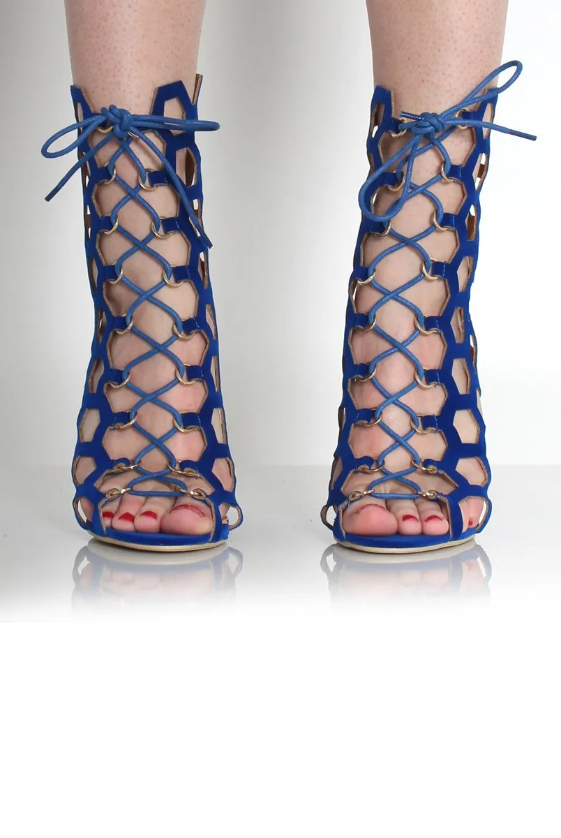 Bella Blue Suede Caged Lace Up Heels