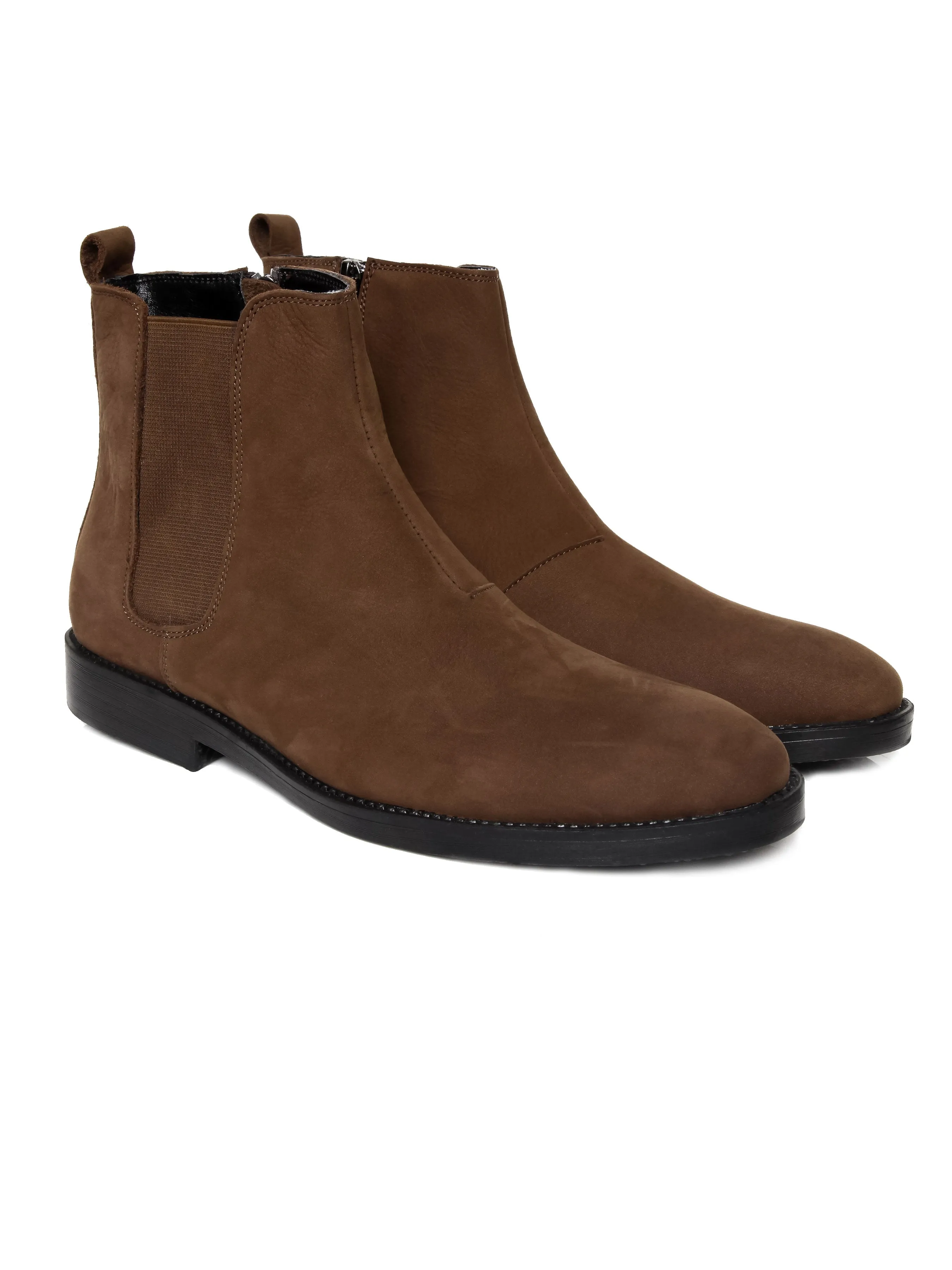 Chelsea Boots With Zipper - Brown Nubuck Leather (Crepe Sole)