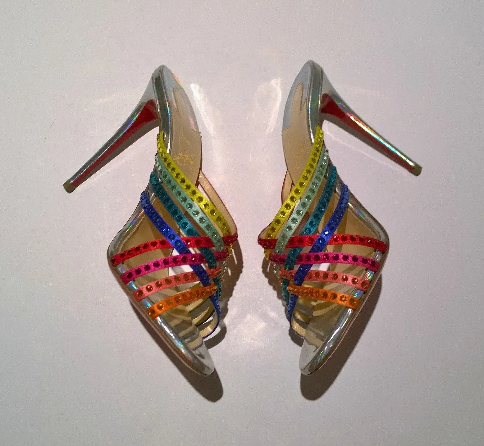 Christian Louboutin Martha Strass 100 Crystal Crepe Satin Spec Laser Rainbow Mules Sandals Heels