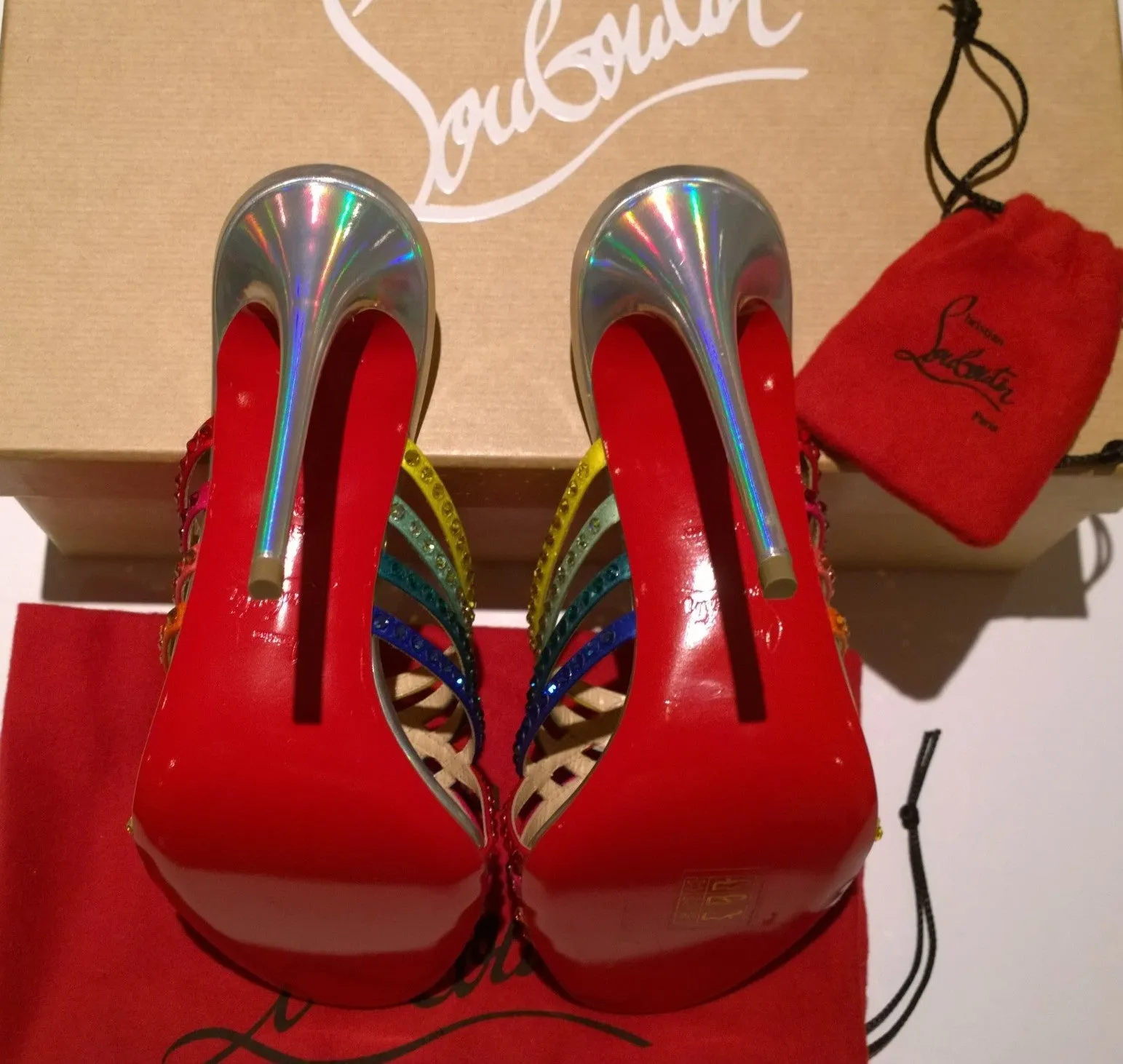 Christian Louboutin Martha Strass 100 Crystal Crepe Satin Spec Laser Rainbow Mules Sandals Heels