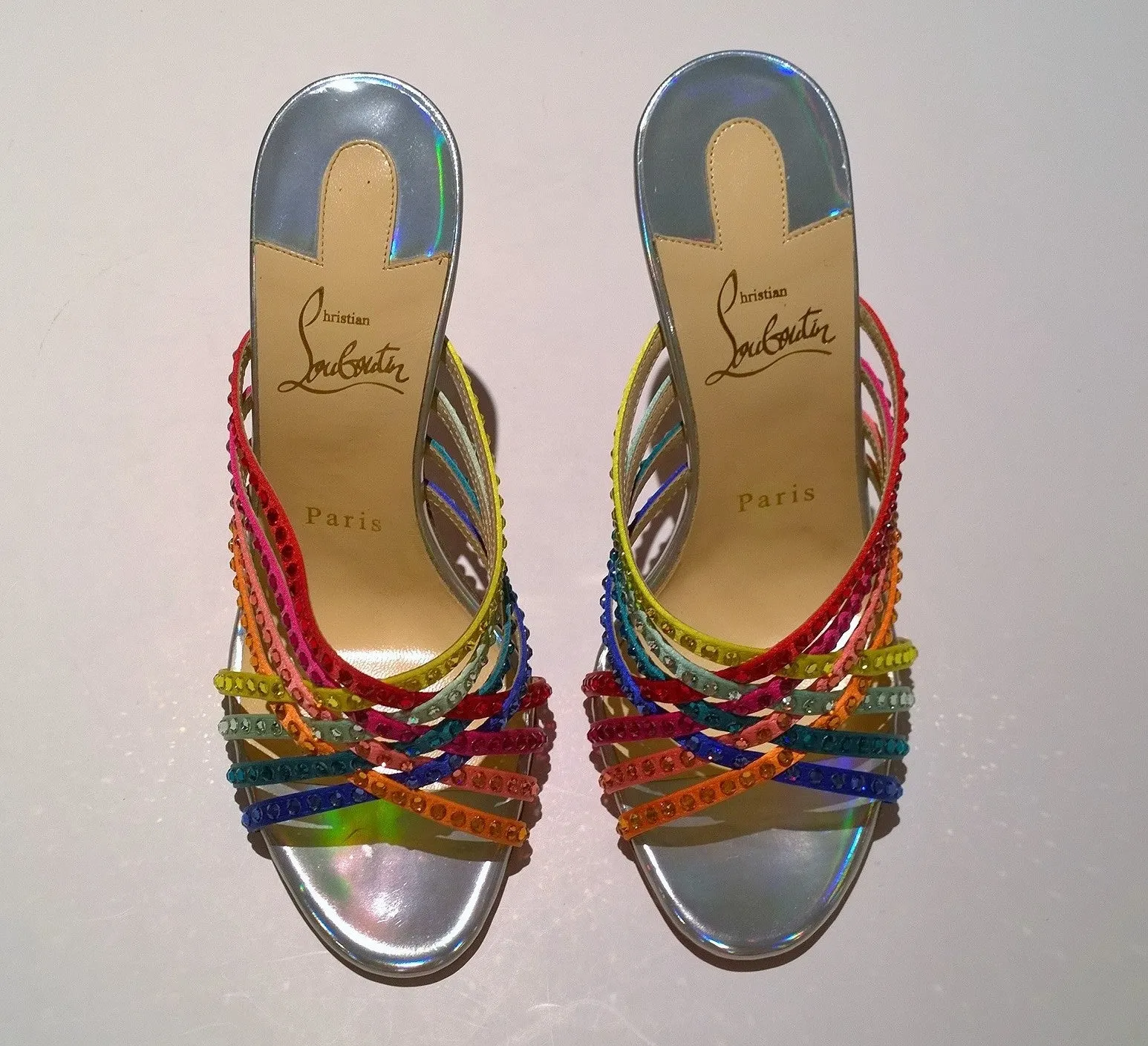 Christian Louboutin Martha Strass 100 Crystal Crepe Satin Spec Laser Rainbow Mules Sandals Heels