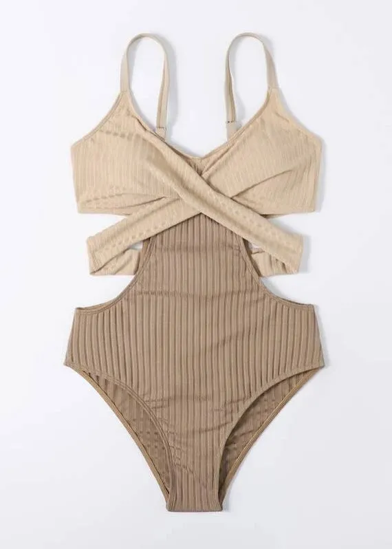 Classy Beige Striped Patchwork Backless Swimwear Bodysuit VC056