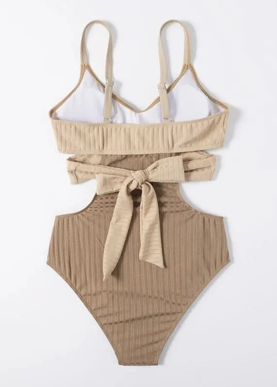 Classy Beige Striped Patchwork Backless Swimwear Bodysuit VC056