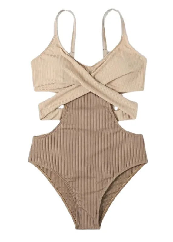 Classy Beige Striped Patchwork Backless Swimwear Bodysuit VC056