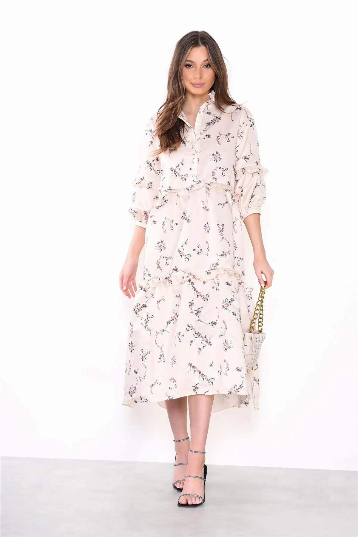 Cream Dainty Floral Long Sleeve Puff Button Up Midi Dress