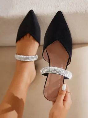 CUCCOO CHICEST Woman Shoes Rhinestone Decor Point Toe Flats, Glamorous Satin Mule Flats For Summer Vacation Shoes Summer Sale Elegant Flats