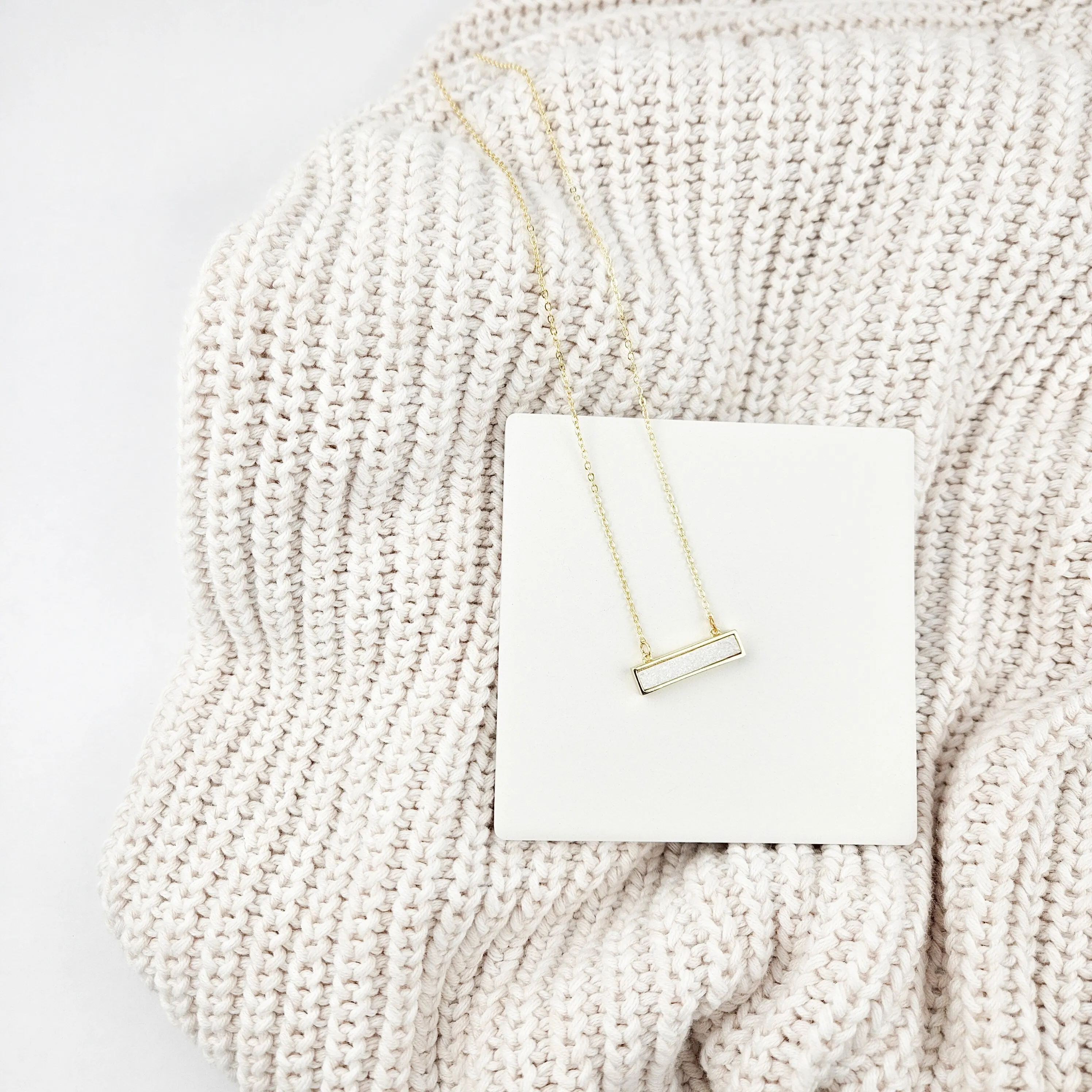 Dainty White Druzy Bar Gold Necklace