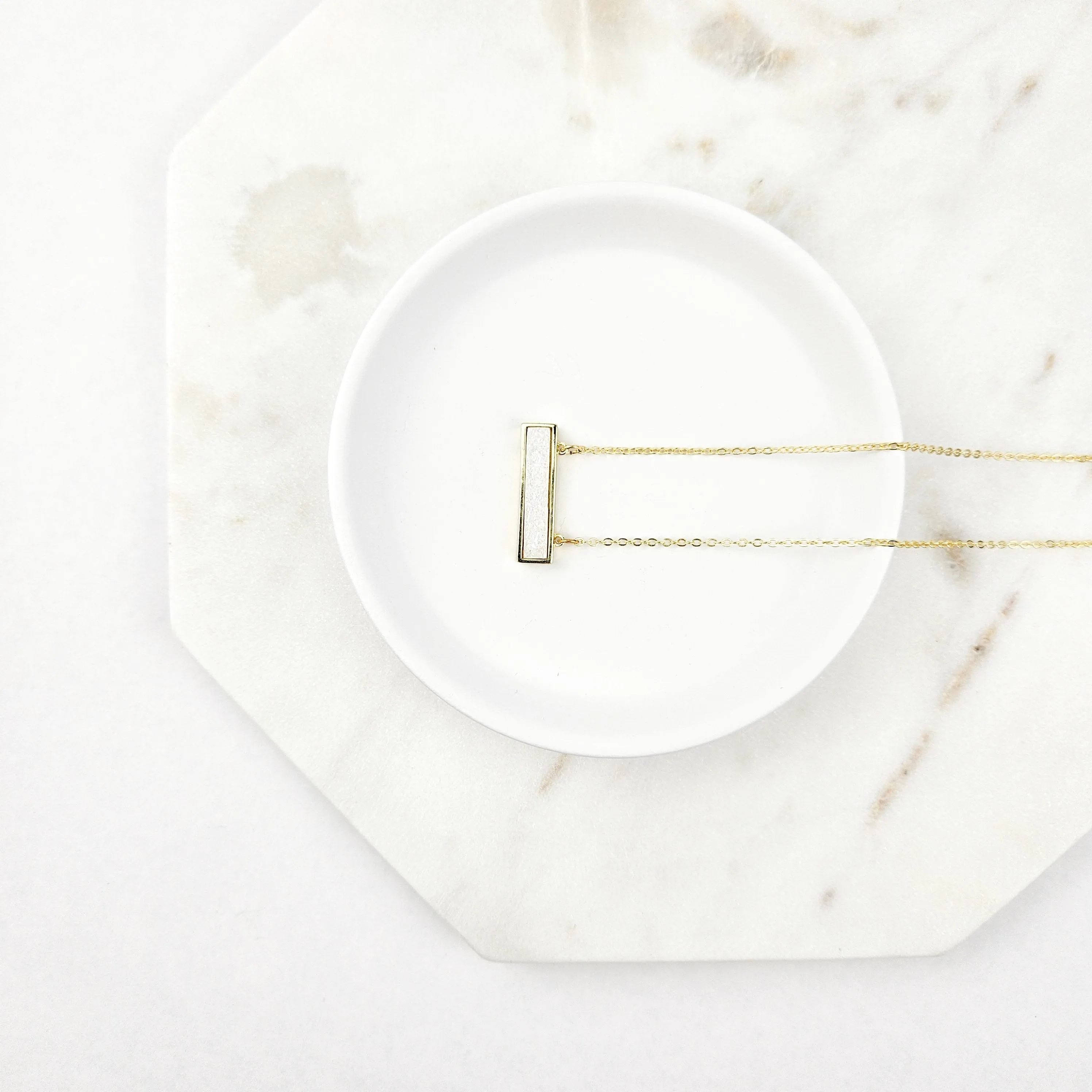 Dainty White Druzy Bar Gold Necklace