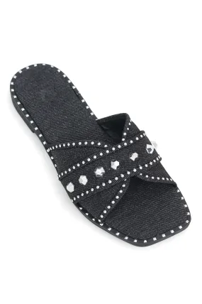 DENIM CHIC STUDDED SLIDES-BLACK