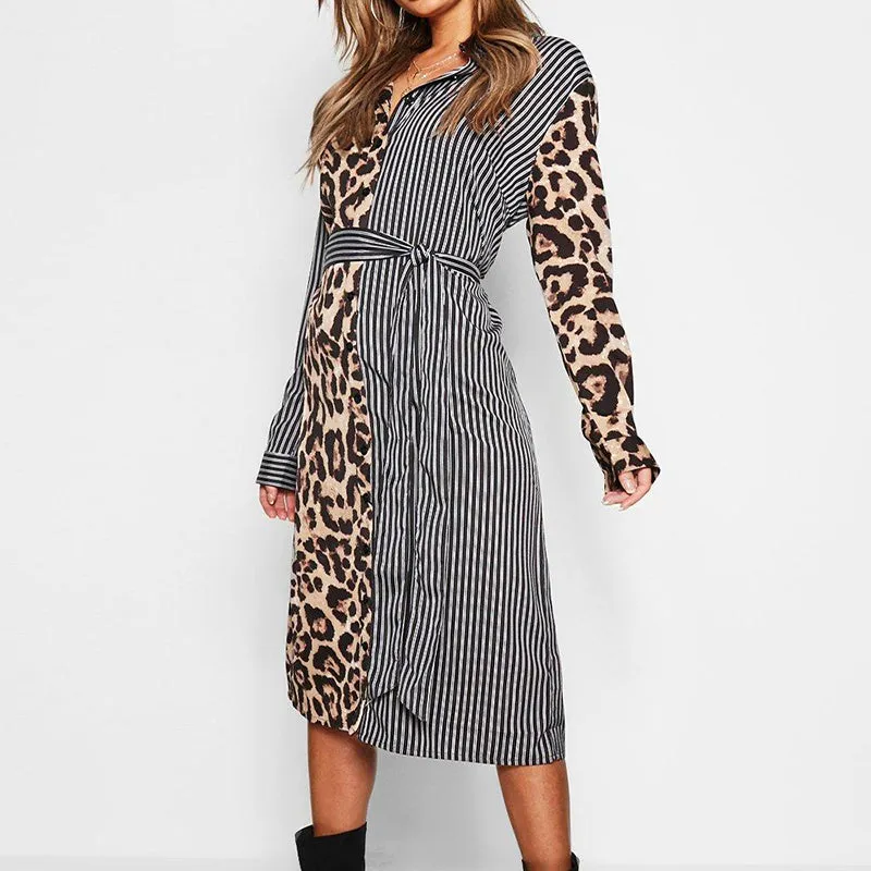 Ethel Long Sleeve Patchwork Leopard Print Midi Dress