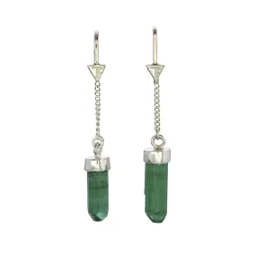 GREEN TOURMALINE CRYSTAL PULL THROUGH EARRINGS - SILVER