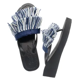 Irving Stripe Fringe- White and Blue Stripe Mid Wedge Flip Flops