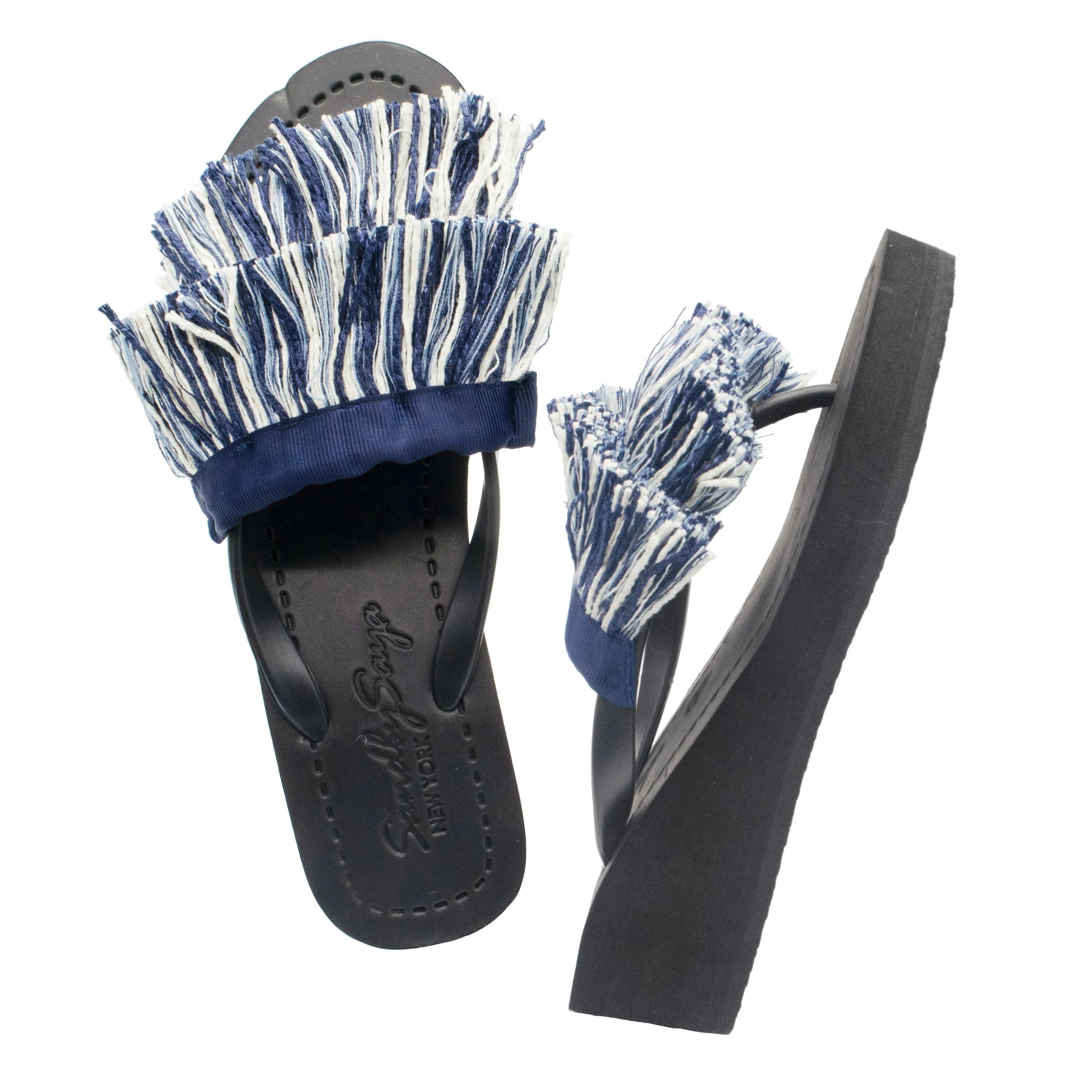 Irving Stripe Fringe- White and Blue Stripe Mid Wedge Flip Flops