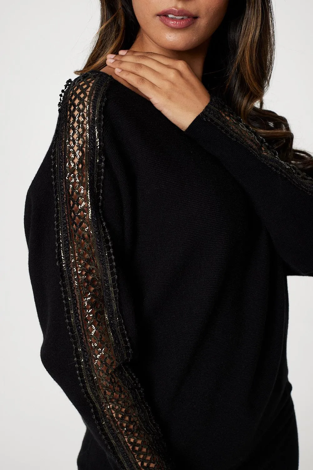 Sequin and Lace Sleeve Knit Pullover