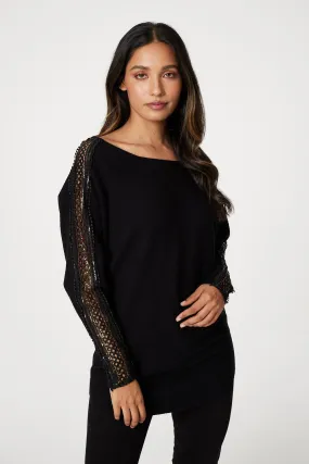 Sequin and Lace Sleeve Knit Pullover