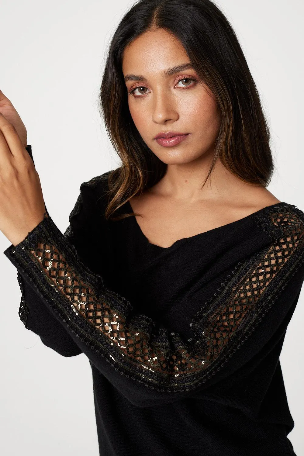 Sequin and Lace Sleeve Knit Pullover