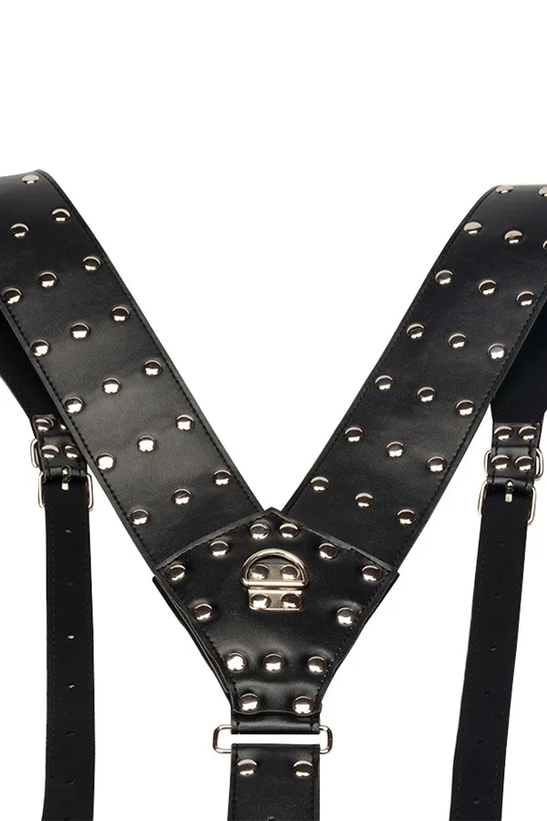 Studded Leather V-Neck Singlet Harness with Cock Sleeve