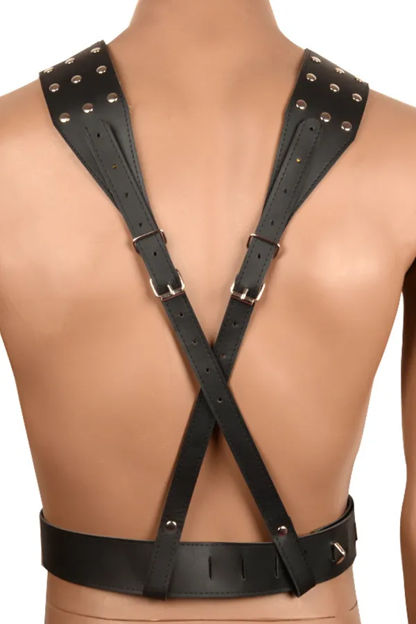 Studded Leather V-Neck Singlet Harness with Cock Sleeve