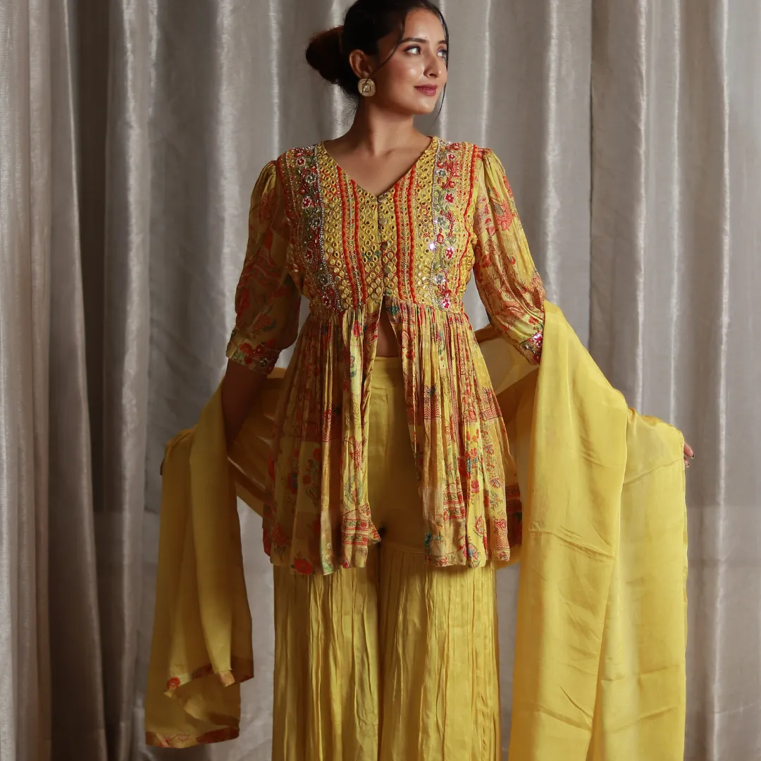 Yellow Sharara Chinnon Dress with Dupatta